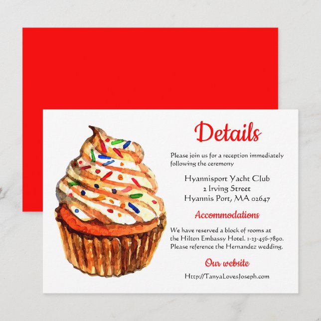 Rote und weiße Hochzeitsrichtung, Details Cupcake Einladung (Vorne/Hinten)