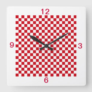 Rote und weiße karierte Küchen-Uhr-Zahlen Quadratische Wanduhr