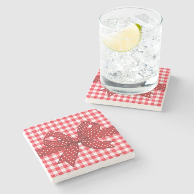 Rote und weiße Karos Steinuntersetzer (Seitenansicht)