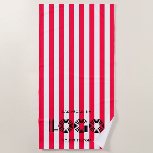 Rote und weiße klassische Streifen-Logo Strandtuch (Vorderseite)