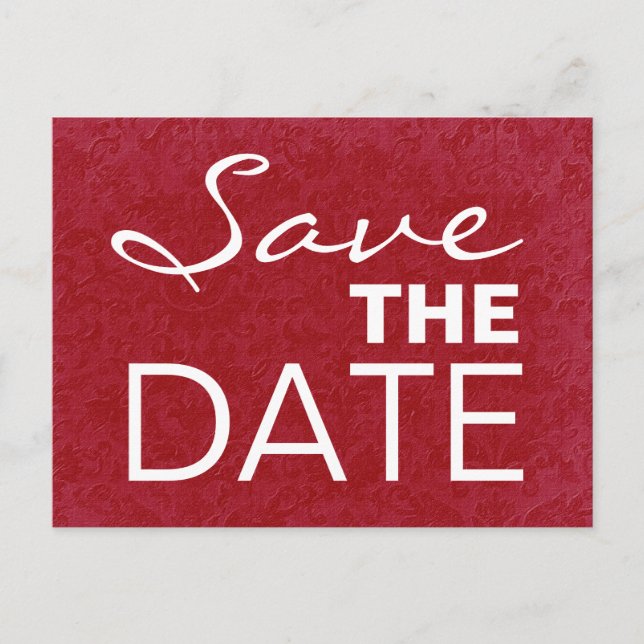 Rote und weiße, kühne Buchstaben Save the Date S53 Ankündigungspostkarte (Vorderseite)