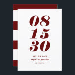 Rote und weiße, kühne italienische Typografie Mode Save The Date<br><div class="desc">Modern Red Bold Date Typografy Ankündigung Datum freihalten | Eine individuell anpassbare,  Save the Date flache Karte mit fett-minimalistischer Typografie. Diese stilvolle Rot-Weiß-Save the Date-Karte eignet sich perfekt für jede Hochzeitsfeier und jede Jahreszeit.</div>