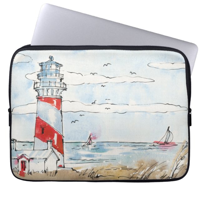 Rote und weiße Leuchtturm-Szene Laptopschutzhülle (Vorderseite)