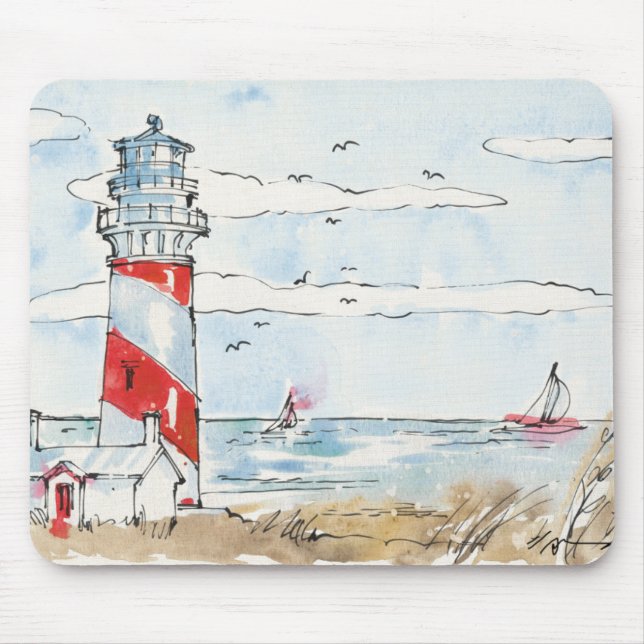 Rote und weiße Leuchtturm-Szene Mousepad (Vorne)