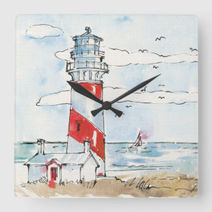 Rote und weiße Leuchtturm-Szene Quadratische Wanduhr