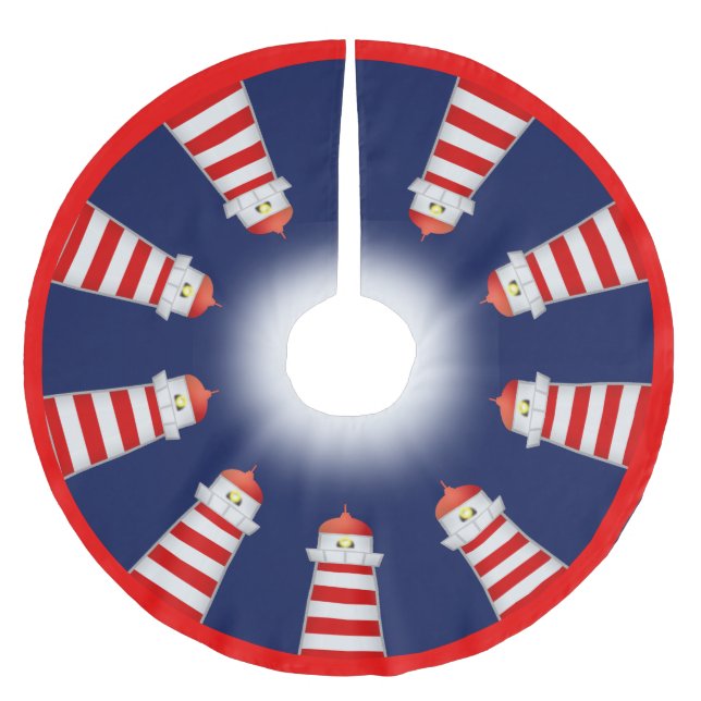 Rote und weiße Leuchttürme auf Navy Blue Polyester Weihnachtsbaumdecke (Vorderseite)