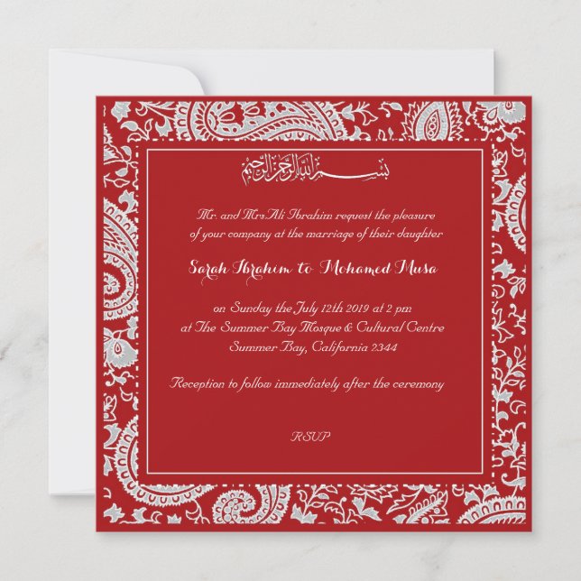 Rote und weiße moslemische Hochzeit Paisleys Einladung (Vorderseite)