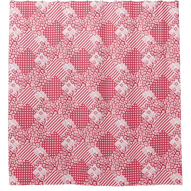 Rote und weiße Patchwork rustikal Duschvorhang (Vorderseite)