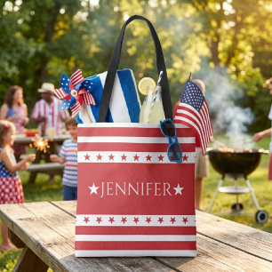 Rote und weiße patriotische Sterne und Streifen in Tasche