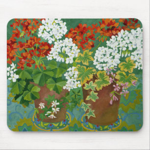 Rote und weiße Pelargonien in Töpfen 2013 Mousepad