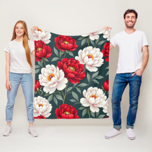 Rote und weiße Pfingstrosenblüten Fleecedecke