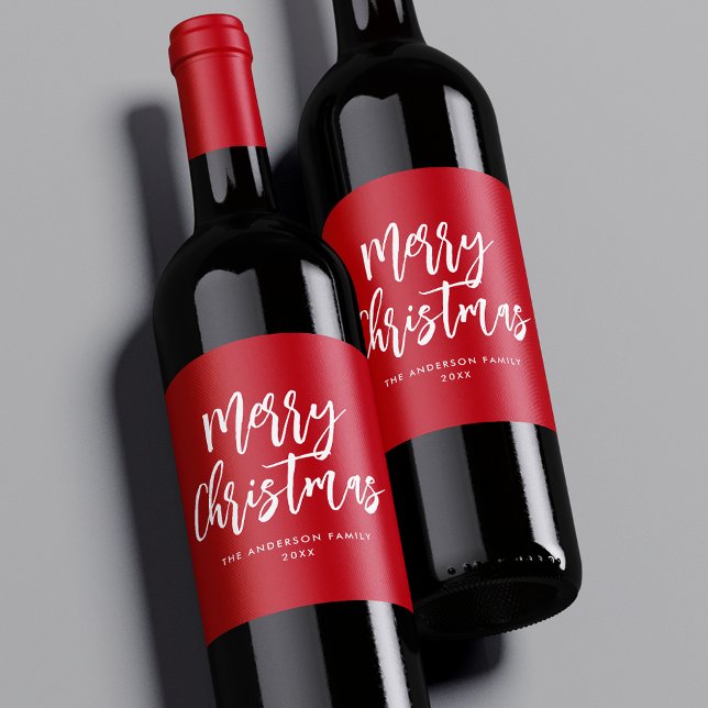 Rote und weiße Pinselschrift Frohe Weihnachten Weinetikett (Von Creator hochgeladen)
