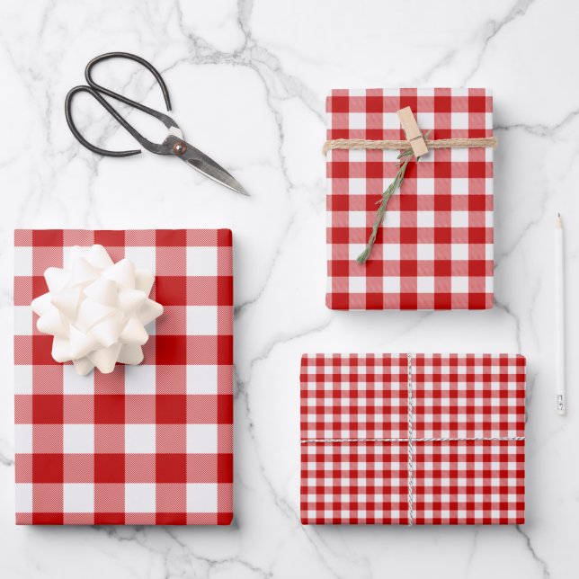 Rote und weiße Plätze Buffalo Karierter Karo Geschenkpapier Set (Vorderseite)