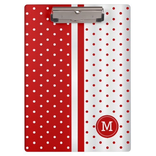 Rote und weiße Polka-Punkte - Monogramm Klemmbrett (Vorderseite)