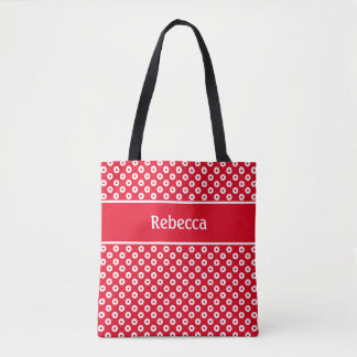 Rote und weiße punktierte Tasche mit Namensstreife