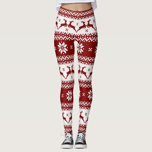 Rote und weiße Rentiere und Schneeflocken Weihnach Leggings (Vorderseite)