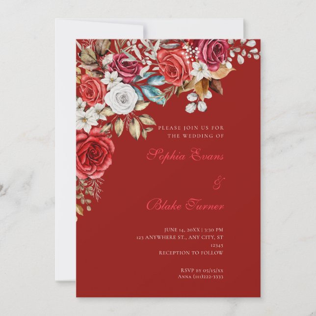 Rote und weiße Rose Rote Hochzeit Scarlet Einladung (Vorderseite)