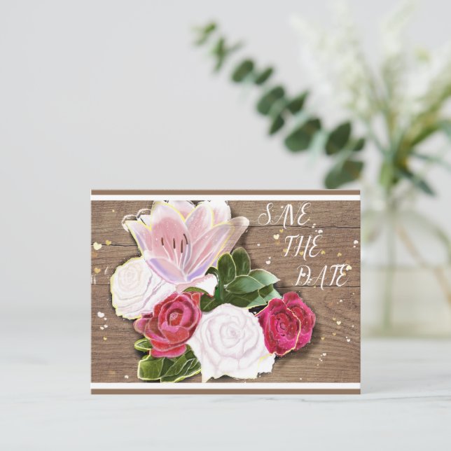 Rote und weiße Rose Shabby-Chic Ankündigungspostkarte (Stehend Vorderseite)
