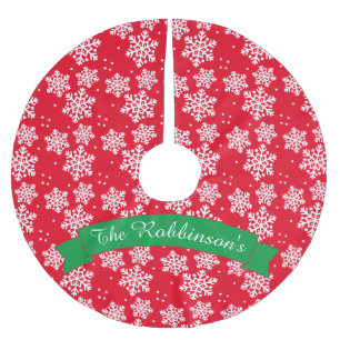 Rote und weiße Schneeflocke mit Familienname Polyester Weihnachtsbaumdecke