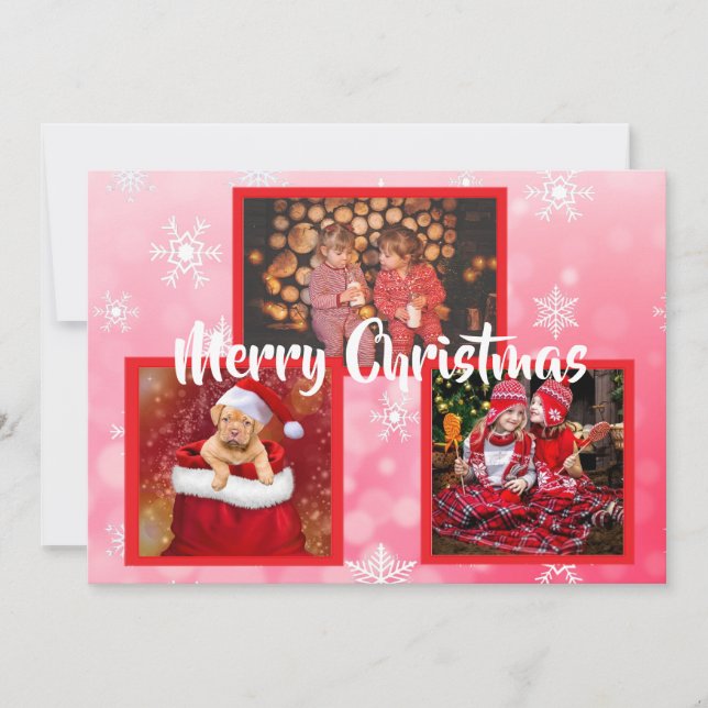 Rote und weiße Schneeflocken Foto Weihnachten Einladung (Vorderseite)