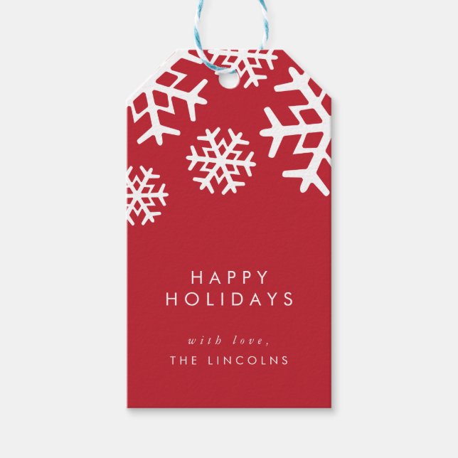 Rote und weiße Schneeflocken | Happy Holidays Geschenkanhänger (Vorderseite)