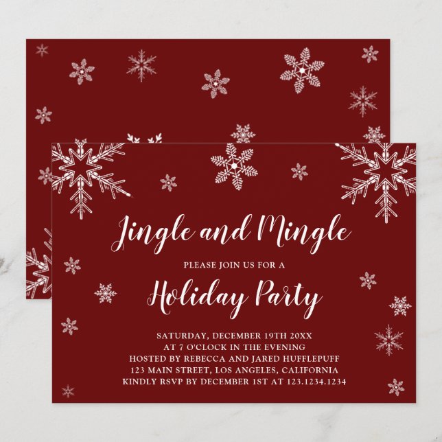 Rote und weiße Schneeflocken Jingle und Mingle Einladung (Vorne/Hinten)