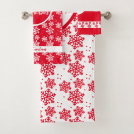 Rote und weiße Schneeflocken Muster Monogramm Weih Badhandtuch Set