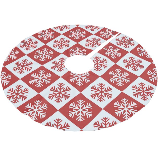 Rote und weiße Schneeflocken Polyester Weihnachtsbaumdecke (Schrägansicht)