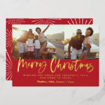 Rote und weiße Schrift frohe Weihnachts-Multi-Foto Folien Feiertagskarte<br><div class="desc">Rot-Weiß-Drehbuch fröhliche Weihnachten Multi-Foto modernen Star Burst Design.</div>