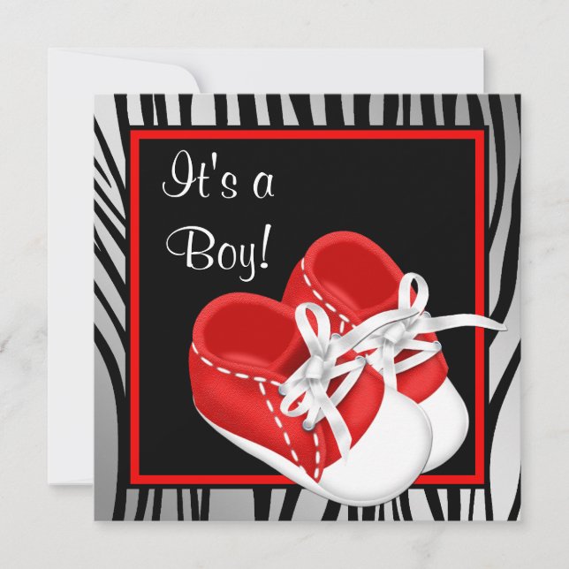 Rote und weiße Schuhe Red Zebra Baby Boy Dusche Einladung (Vorderseite)