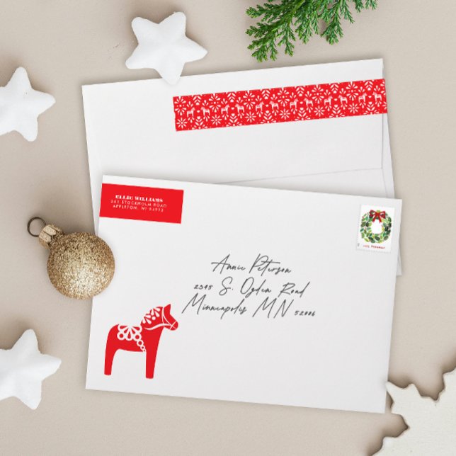 Rote und weiße schwedische Rücksendeadresse Dala H (red and white Dala horse themed Scandinavian folk art pattern wrap around return address label)