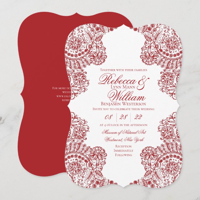 Rote und weiße Spitzen Elegante Gotische Hochzeit Einladung (Vorne/Hinten)