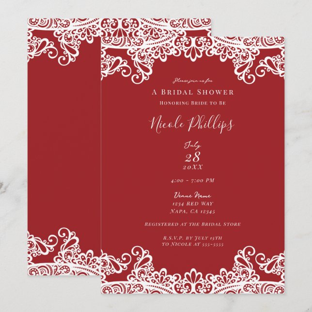 Rote und weiße Spitzen Elegantes Brautparty Einladung (Vorne/Hinten)