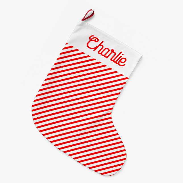 Rote und weiße Streifen Personalisiert Großer Weihnachtsstrumpf (Vorderansicht (hängend))