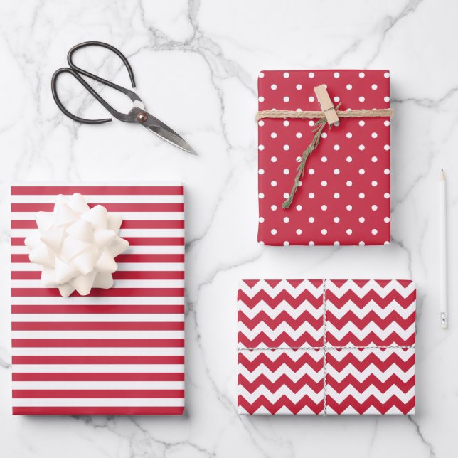 Rote und weiße Streifen Polka Dot Zickzack Geschenkpapier Set (Vorderseite)
