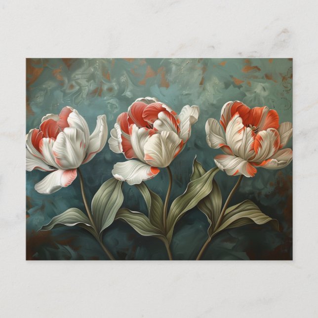 Rote und weiße Streifen Tulips botanische Ölgemäld Postkarte (Vorderseite)