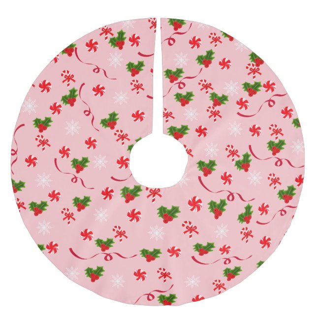 Rote und weiße Süßkarpfen Rote und Grüne Berries Polyester Weihnachtsbaumdecke (Vorderseite)