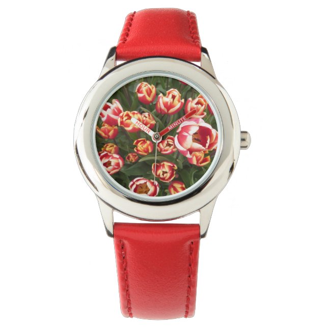 Rote und weiße Tulips rote rote Uhr aus Edelstahl (Vorderseite)