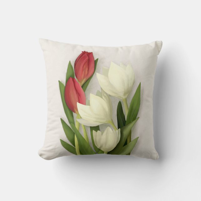 Rote und weiße Tulpen Blumenwirbel Kissen (Vorderseite)