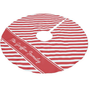 Rote und weiße vornehme Streifenmonogramm Polyester Weihnachtsbaumdecke
