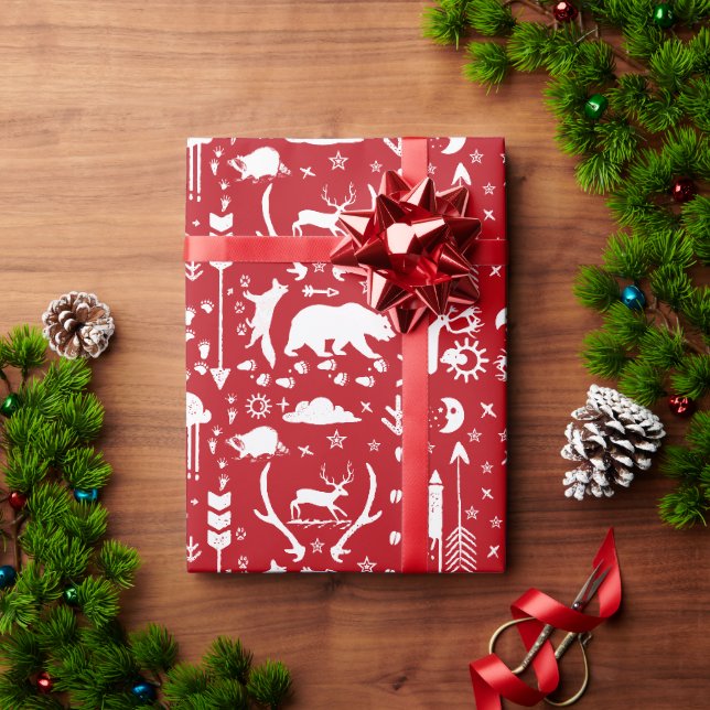 Rote und weiße Waldtierspuren Pfeile Geschenkpapier (Feiertagsgeschenk)
