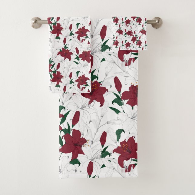 Rote und weiße Weihnachtslilien Badhandtuch Set (Insitu)