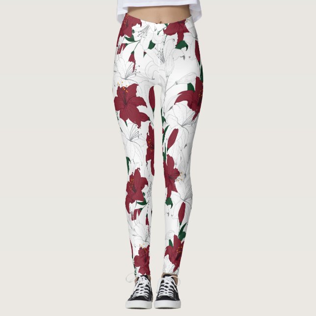 Rote und weiße Weihnachtslilien Leggings (Vorderseite)