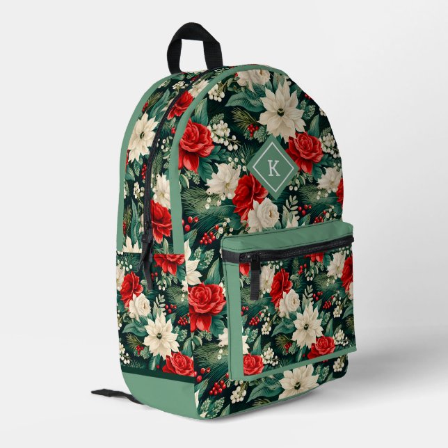 Rote und weiße Weihnachtsmuster für Blume Bedruckter Rucksack (Rückseitige Ecke links)