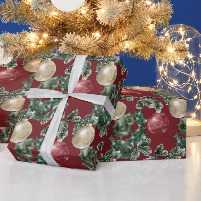 Rote und weiße Weihnachtsschmuck und Grünpflanzen Geschenkpapier (Feiertage)