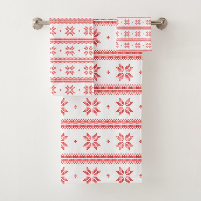 Rote und weiße Weihnachtsstars gegossen Muster Badhandtuch Set (Insitu)