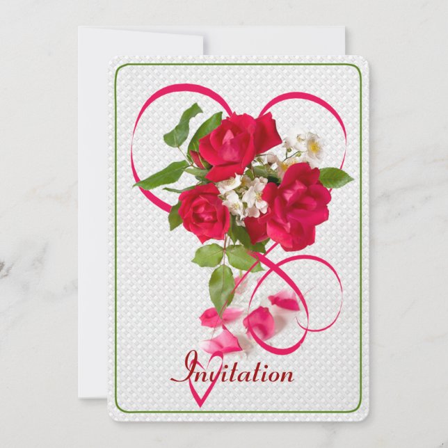 Rote Valentine-Rosen und Band-Herzen Einladung (Vorderseite)
