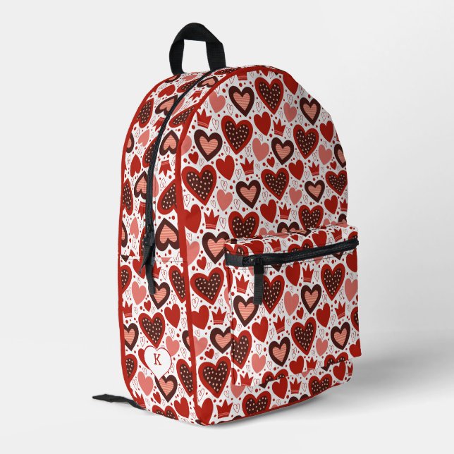 Rote Valentinherzen und Kronenmuster Bedruckter Rucksack (Rückseitige Ecke links)