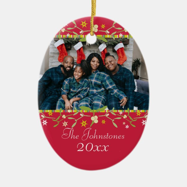 Rote Verzierung des Weihnachtsmistelzweiges Keramik Ornament (Vorne)