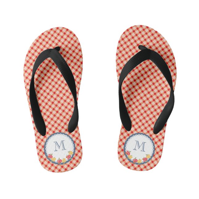 Rote Vintage Gingham-Blume-Monogramm-Mädchen Kinderbadesandalen (Fußbett)